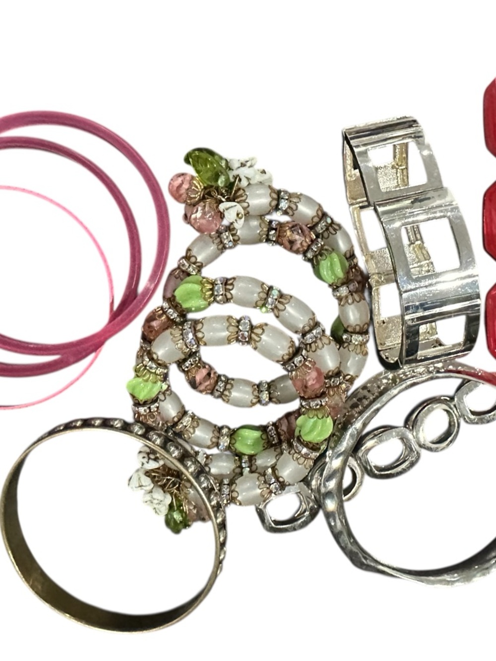 Vintage Pink & Green Bracelet Stack Multi-Strand Statement Beaded Cuff - Picture 3 of 3